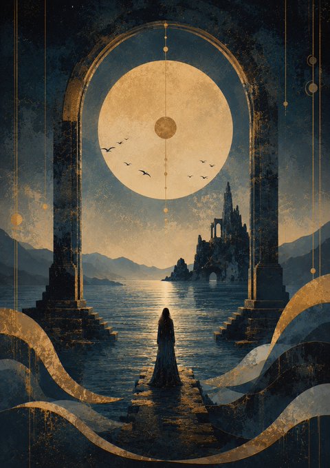 A mystical illustration features a lone figure standing on steps beneath a glowing moon framed by an archway, with a castle silhouette and birds reflected in the water below.