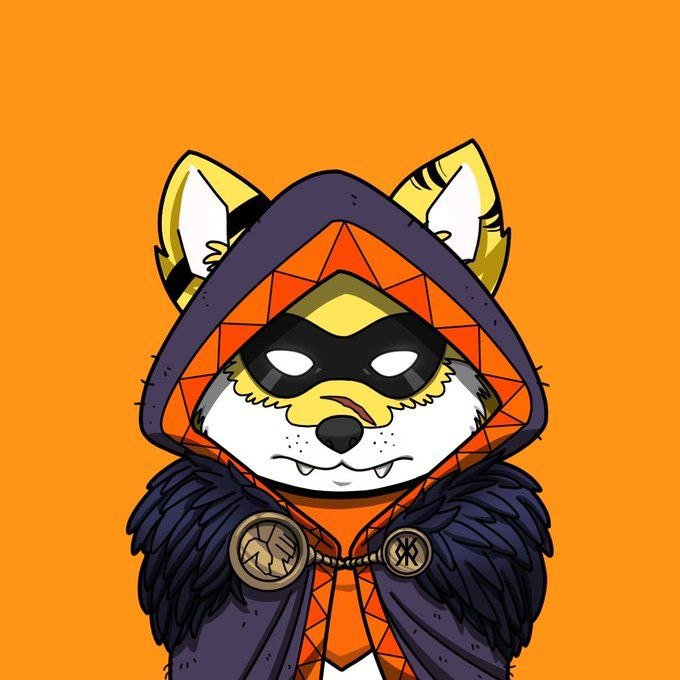 A cute cartoon wolf character wearing an orange hooded cape, black eye mask, and dark feathered cloak with circular medallions, set against an orange background. The image illustrates the post's call to action for Binance to list the $LOBO token, with the masked, caped wolf mascot representing the LOBO Bitcoin Runes community.