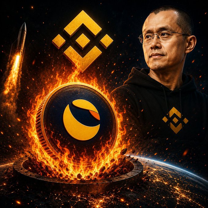 A dramatic promotional image featuring Changpeng Zhao (CZ) wearing a Binance-branded hoodie, alongside the Binance logo, a burning golden coin, and a rocket launching from a fiery planetary surface.