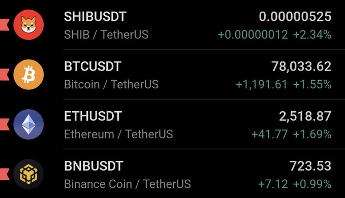 A cryptocurrency price tracker shows four coins against TetherUS: SHIBUSDT at 0.00000525 (+2.34%), BTCUSDT at 78,033.62 (+1.55%), ETHUSDT at 2,518.87 (+1.69%), and BNBUSDT at 723.53 (+0.99%).