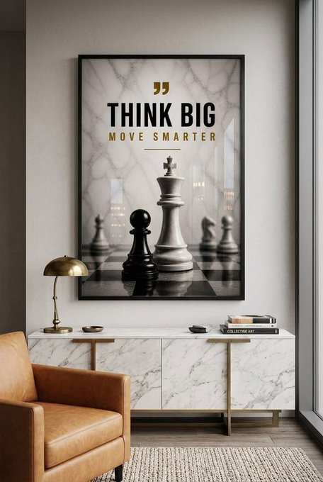 A modern interior featuring a framed motivational poster reading 'THINK BIG MOVE SMARTER' with an image of a chess king, displayed above a marble console table with brass accents and next to a brown leather chair.