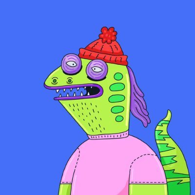 A colorful cartoon illustration of a green reptilian creature with purple goggle-like eyes, wearing a red beanie and pink shirt against a blue background.