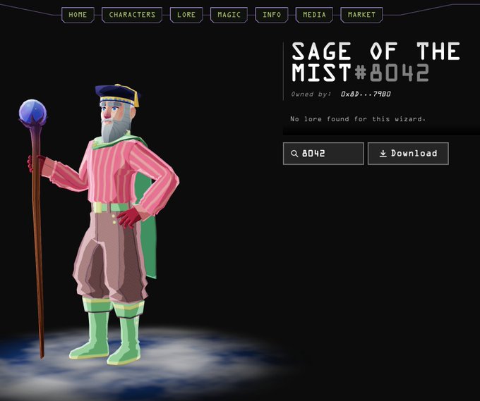 A website displays a 3D character called 'SAGE OF THE MIST#8042' owned by '0x8D...7980', depicting a bearded wizard in a pink striped shirt and green boots holding a staff.