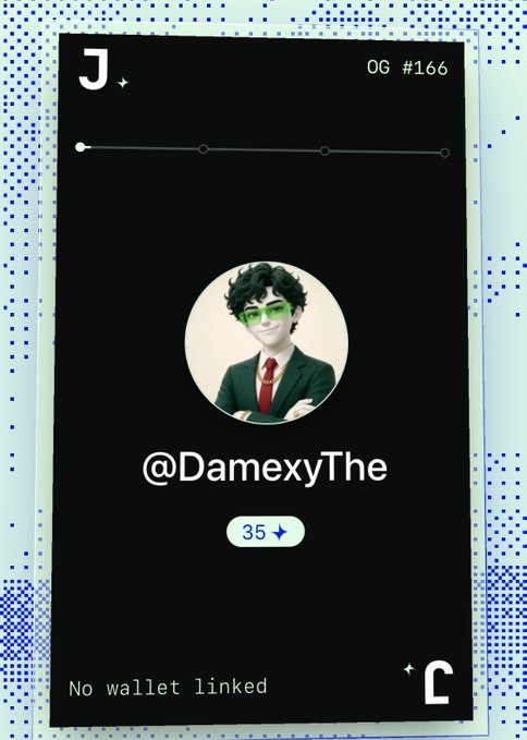 A digital card or profile page for '@DamexyThe' (OG #166) featuring an avatar of a character with curly hair and green glasses, showing a level indicator of '35' and text 'No wallet linked'.