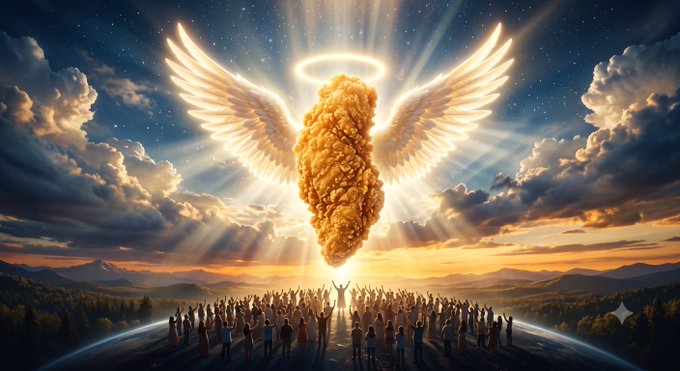 A radiant golden fried chicken piece with angel wings and a halo ascends above a crowd of worshippers reaching toward the sky, visually embodying the promised "holy grail" of $TENDIES depicted as a divine, heaven-sent revelation.