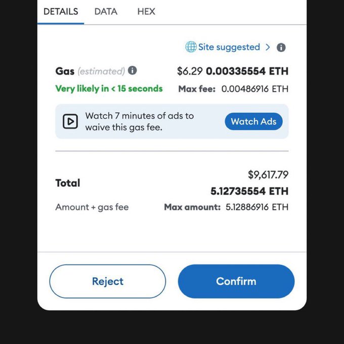 The image shows a MetaMask transaction confirmation screen displaying a gas fee of $6.29 (0.00335554 ETH) on a $9,617.79 total transaction, with a prompt to "Watch 7 minutes of ads to waive this gas fee" and a "Watch Ads" button. This visualizes the accompanying post's claim that Ethereum is struggling enough that users are being offered ad-watching as an alternative to paying gas fees.