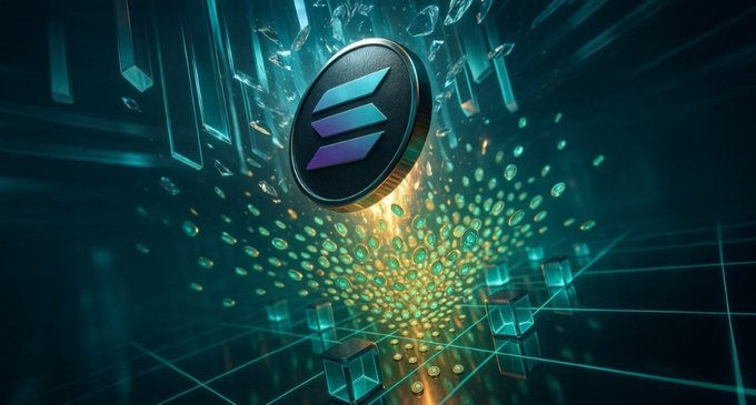 The image features a coin that has been thrown into the air, surrounded by numerous cubes of varying sizes scattered around it. The coins are floating in front of a blue background with white lines, creating an abstract scene. The caption below the image reads "Finally native recurring magic on Solana - this is gonna Unlock proper onchain businesses, AI agents with real budgets, and seamless subs without the old headaches." This suggests that the coin has been thrown into the air to represent the release of a new currency or a magical element in the digital world.