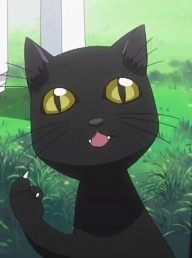 An anime-style illustration of a black cat with yellow eyes and a small fang, smiling with its paw raised in a grassy outdoor setting.