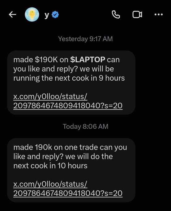 A Twitter DM screenshot showing two unsolicited spam messages promoting a '$190K' crypto trade and linking to an x.com post.