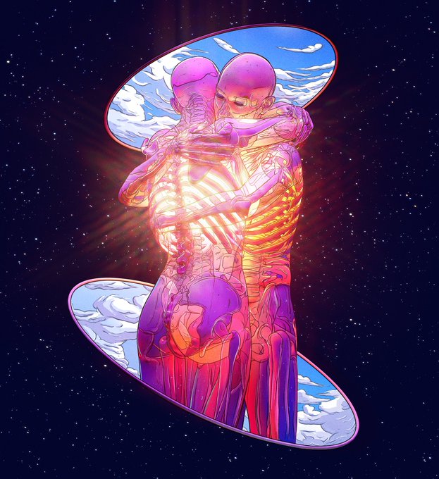 A vibrant digital illustration depicting two translucent, glowing figures embracing, their forms revealing a skeletal structure illuminated from within, set against a cosmic starry backdrop.