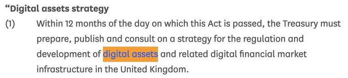 A snippet of text titled 'Digital assets strategy' outlining a UK Act requiring preparation of a strategy for regulating digital assets within 12 months, with 'digital assets' highlighted in orange.