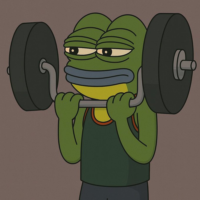 A cartoon green frog with a determined, half-lidded expression deadlifts a heavy barbell while wearing a dark green tank top. The image visually represents the post's "pumping" metaphor, pairing gym gains with crypto hype for the $FROG memecoin on pump.fun.