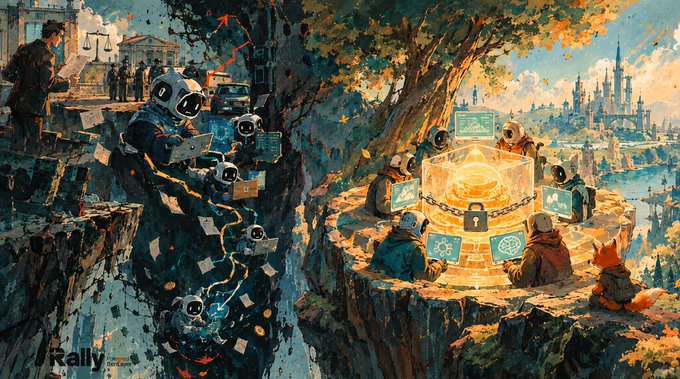 A stylized 'Rally' illustration depicting small astronaut-like figures interacting with glowing tech devices on a cliff, with a fantasy castle visible in the distance.