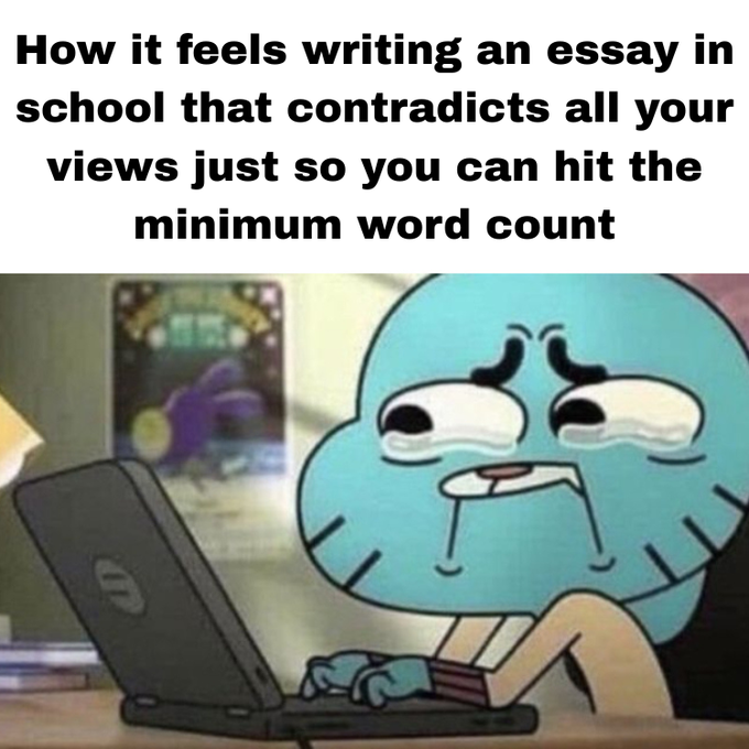 A meme featuring a crying Gumball character from 'The Amazing World of Gumball' typing on a laptop, with text reading 'How it feels writing an essay in school that contradicts all your views just so you can hit the minimum word count.'