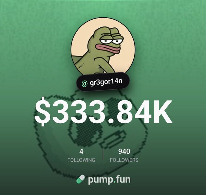 A profile card for user @gr3gor14n on pump.fun displays a balance of $333.84K with 940 followers, supporting the post's announcement of moving trading to the platform and inviting followers to engage with the callout feature.