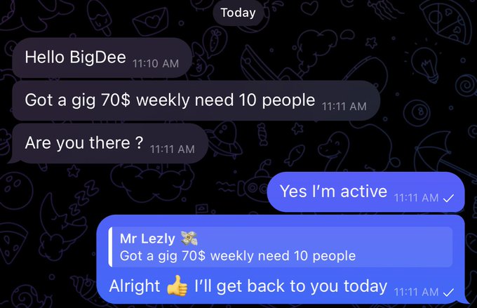 The image shows a Telegram chat where someone named "BigDee" reaches out about a $70 weekly gig needing 10 people, and "Mr Lezly" replies confirming he'll follow up later. This aligns with the post announcing that 10 people were successfully recruited for the $70 weekly paying opportunity, celebrating the connection made and hinting at future web3 prospects.