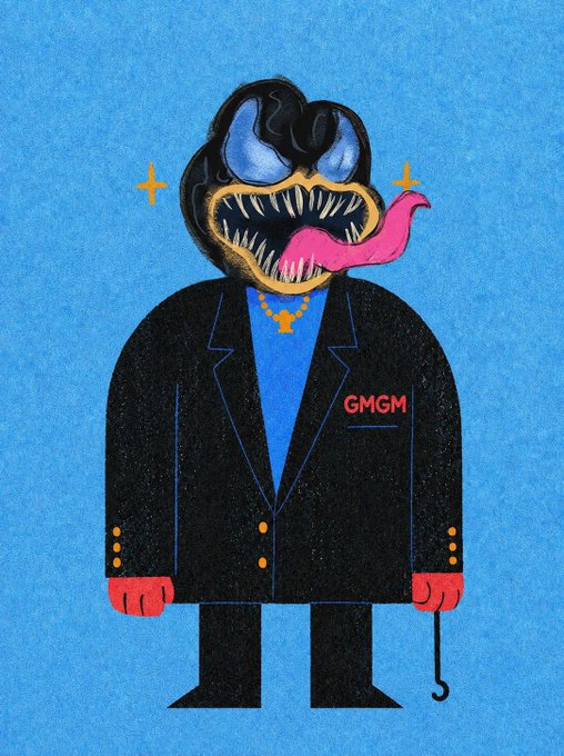 A stylized illustration features the Marvel anti-hero Venom reimagined in a dapper black suit with red gloves, a pink tongue, and the text "GMGM" on his lapel. The "GMGM" (likely a play on "Good Morning GM") pairs with the caption's nod to NFTs, tying the meme to crypto/NFT culture's popular "GM" (good morning) greeting.