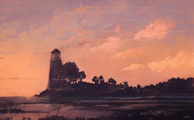 A painterly landscape artwork depicting a silhouetted tower and trees against a warm orange and purple sunset sky over water.
