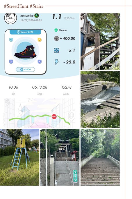 A fitness app screenshot showing a stair climbing activity with hashtag #StreetHunt #Stairs, user notsumika, dated 15/07/2026, with stats: 10.06 Km, 06:13:28 time, 15278 steps, and photos of various outdoor staircases and slides.