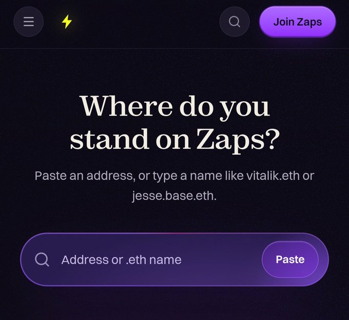 A dark-themed app interface asks 'Where do you stand on Zaps?' with a search bar prompting for an 'Address or .eth name' and a 'Paste' button.