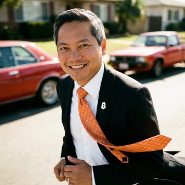 A smiling man in a dark suit with a flowing orange tie stands outdoors in front of two red cars, appearing joyful and animated. The image accompanies a post about Strategy CEO Phong Le sharing his immigrant story from Vietnam and his philosophy that "Bitcoin is freedom."