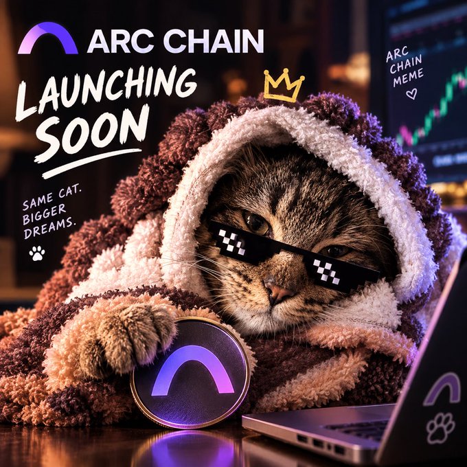 A promotional graphic for "ARC CHAIN" featuring a tabby cat wrapped in a fuzzy brown hooded blanket wearing pixelated "deal with it" sunglasses, with text reading "LAUNCHING SOON," "SAME CAT. BIGGER DREAMS," and "ARC CHAIN MEME."