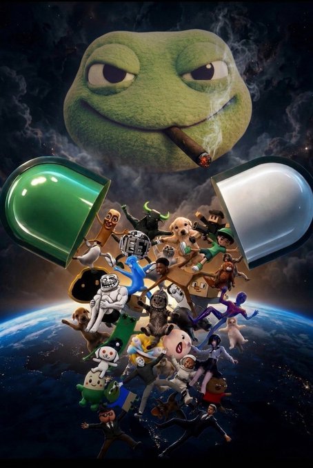 A giant Pepe the Frog smoking a cigar floats above Earth, with various meme characters (Sans, Peter Griffin, Nyan Cat, a businessman, and more) tumbling out of an open green-and-white pill capsule, visually capturing the chaotic, "about to go insane" energy of the hyped $TOAD token announcement.