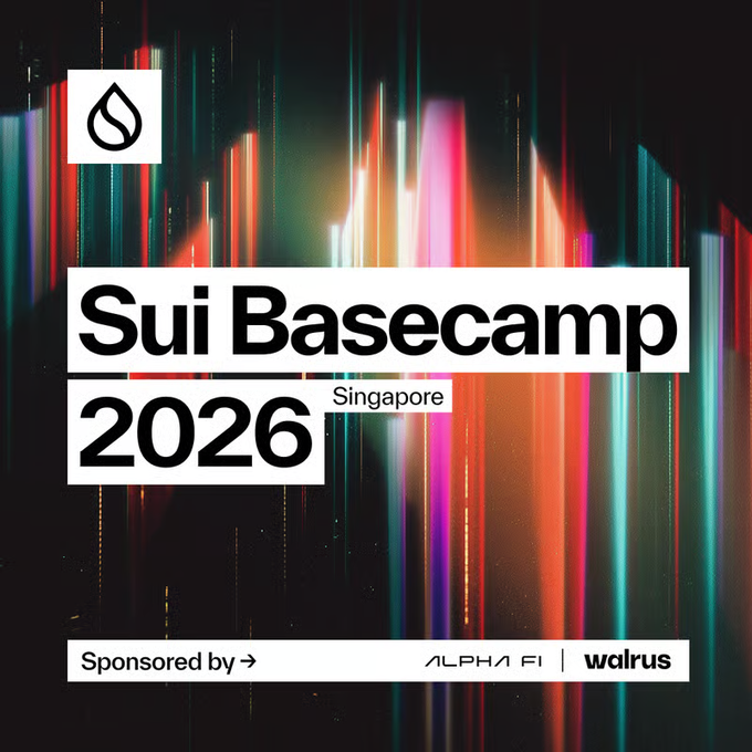 A promotional poster for 'Sui Basecamp 2026' taking place in Singapore, sponsored by Alpha FI and Walrus, featuring colorful vertical light streaks on a black background.