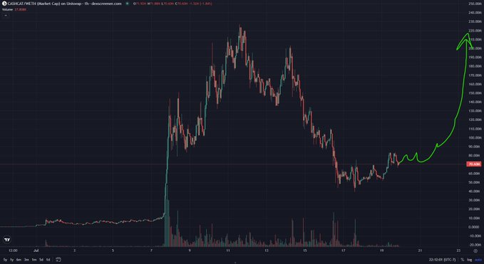 A TradingView 1-hour candlestick chart of $CASHCAT on Robinhood shows price action recovering from a ~$40 low to ~$80, with a hand-drawn green arrow projecting a breakout toward the $180+ all-time high, illustrating the post's claim of an imminent rally to new highs.