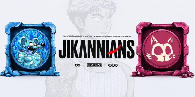 A promotional banner displays "JIKANNIANS" in large bold text, flanked by two framed artworks—one featuring a blue horned creature and the other a pink cat skull—set against a faint anime-style character illustration. Credits visible include "KOL // AMBASSADOR // DISCORD ADMIN // COMMUNITY MANAGER // MOD," along with "PROACTIVES" and "barons auric" labels, celebrating the sold-out success of the Jikanians NFT collections from MonstersNFT and ODDCATS as mentioned in the post.