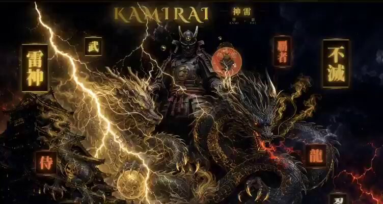 The image features a poster for Kamirai, a character from Japanese folklore. The poster depicts Kamirai standing atop a dragon with lightning bolts streaking across its body. The background of the poster is dark and stormy, adding to the dramatic atmosphere. The poster also includes Chinese characters that translate to "Kamirai" in English.