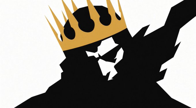 A minimalist graphic illustration shows a black silhouette of a person wearing a gold crown against a white background.