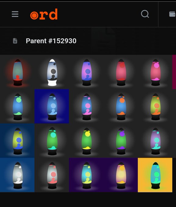 A dark-themed lava lamp selection screen displays 'Parent #152930' with a grid of colorful lava lamp thumbnails in various hues.