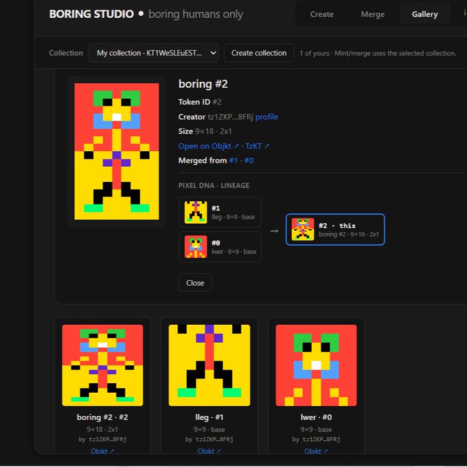 The image displays a page from "Boring Studio" featuring a pixel art NFT called "boring #2" (Token ID #2), which shows a pixelated figure on a red background. The page highlights the new "Pixel DNA - Lineage" feature, visually tracing how "boring #2" was merged from its parents "#1" (lleg) and "#0" (lwer), demonstrating the collection-merging lineage tool mentioned in the post.