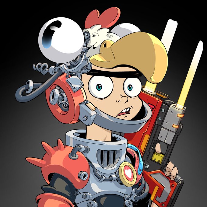 A cartoon character with robotic enhancements, a chicken on its helmet, and a futuristic weapon stands alert against a dark background, serving as the "Robo Cock" mascot patrolling OpenSea to warn investors about fake mints and reassure the community of upcoming transparent launch details.