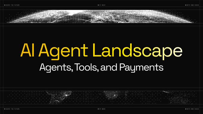 The image is a sleek, dark-themed title graphic reading "AI Agent Landscape: Agents, Tools, and Payments," framed by a stylized dotted earth/globe pattern, with "Shape the Future," "Be Here," and "BNB Chain" labeled at the corners. It serves as a header introducing a post about the explosive growth of AI agents onchain—from 337 in January to over 330,000 today—highlighting that roughly 60% of them run on BNB Chain, outnumbering all other networks combined.