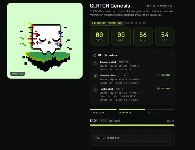 A webpage for 'GLRTCH Genesis' displays a pixelated crying skull NFT on a green platform, with a countdown timer and mint schedule indicating the collection is sold out (3404/3404 minted).