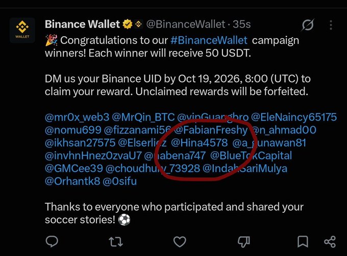 A screenshot of a tweet from @BinanceWallet congratulating winners of the #BinanceWallet campaign, each set to receive 50 USDT, with winners listed including @BlueTokCapital (circled in red) who must DM their Binance UID by Oct 19, 2026, 8:00 UTC to claim the reward before it's forfeited.