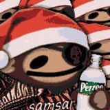 A festive cartoon image of a character wearing a red Santa hat and a 'samsara' branded shirt, holding a bottle labeled 'Perrier'.