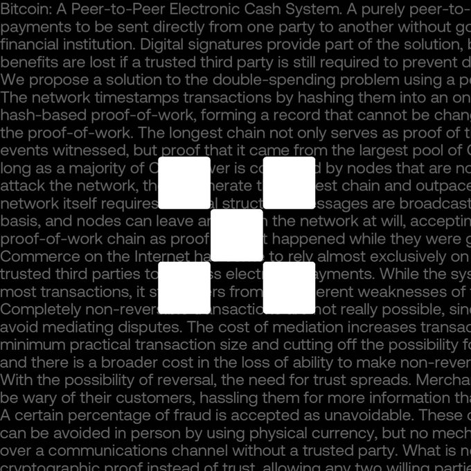 The image shows the opening text of Satoshi Nakamoto's Bitcoin whitepaper, with several phrases obscured by blank rectangles. The visible content discusses Bitcoin's peer-to-peer electronic cash system and proof-of-work. The caption ties directly to the post: the whitepaper's proof-of-work concept exemplifies the "GRIND" and ongoing "BUIDLing" ethos that the post celebrates.