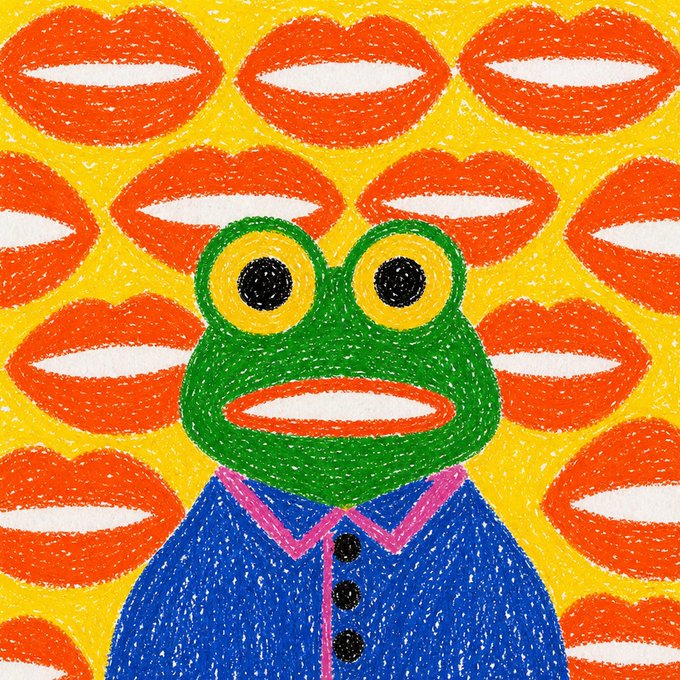 A colorful embroidered or stitched artwork featuring a green frog wearing a blue shirt with pink collar, set against a yellow background filled with repeating red lip motifs.