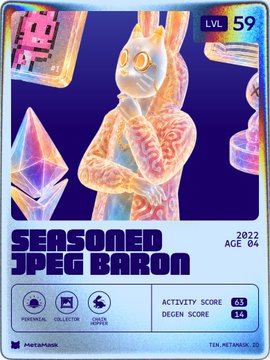 A digital trading card labeled 'SEASONED JPEG BARON' displays a holographic rabbit character, marked as LVL 59, 2022, with activity and degen scores.