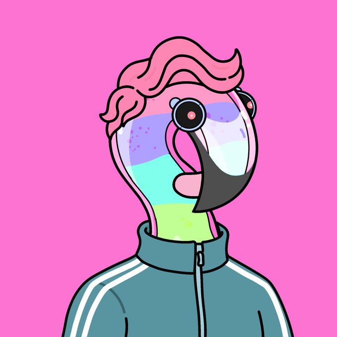 A cartoon illustration of a futuristic character with a transparent head showing pastel-colored liquid inside, pink wavy hair, round glasses, and a teal track jacket on a bright pink background.