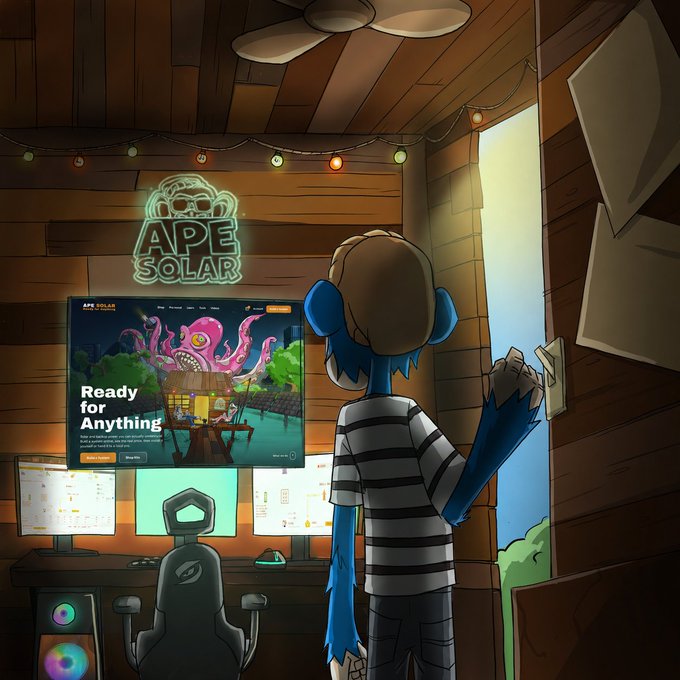 The image features a cartoon character, possibly a monkey or a human, standing inside an office with a desk and computer monitor. The character appears to be looking at a computer screen that displays a website called "apescolar". The character also has a remote control in their hand. There are two chairs visible in the scene - one near the character's position on the right side of the image, and another chair located further back towards the left side of the image.