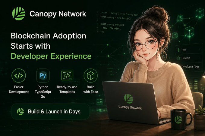 A promotional graphic for 'Canopy Network' stating 'Blockchain Adoption Starts with Developer Experience', highlighting features like Easier Development, Python/TypeScript/Go, Ready-to-use Templates, and a 'Build & Launch in Days' button alongside an illustrated woman at a laptop.
