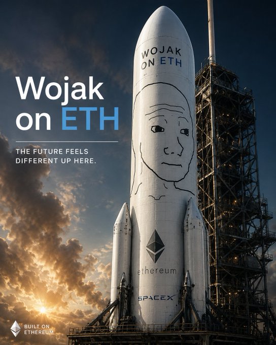 The image features a large rocket with an image of a man's face painted on its side, which appears to be a part of the rocket itself rather than a separate painting or decoration. The rocket is situated against a backdrop of a cloudy sky, creating a dramatic and visually striking scene. The caption below the rocket reads "Wojak on ETH", indicating that this rocket was likely created for use in the Ethereum blockchain.