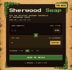 The image is a "Sherwood Swap" interface from "The Heist" event, allowing users to swap up to 7 ETH of "Robinhood Chain" tokens for $ETH with a 0.5% slippage, supporting the $MARIAN token on the Robinhood Chain. It relates to the post by highlighting $MARIAN as the pioneering first token launched on the Robinhood Chain ecosystem, with the swap interface representing the platform enabling such early token access.