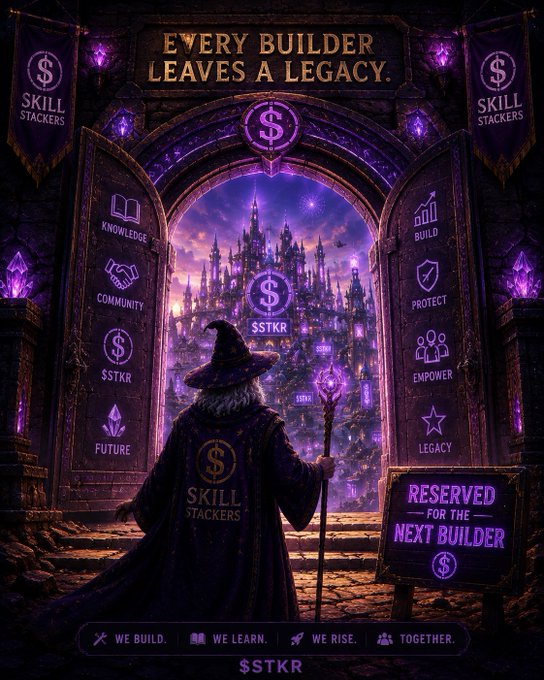 A fantasy promotional poster titled 'EVERY BUILDER LEAVES A LEGACY' featuring a wizard figure facing a purple-glowing castle, with Skill Stackers branding, icons labeled Knowledge, Community, SSTKR, Future, Build, Protect, Empower, and Legacy, and text reading 'RESERVED FOR THE NEXT BUILDER', 'WE BUILD. WE LEARN. WE RISE. TOGETHER.', and '$STKR'.