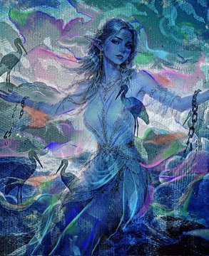 A blue-skinned, elf-like ethereal figure holding chains is surrounded by colorful birds against a dreamy, cosmic backdrop of swirling pastel colors. The mystical artwork fits the post's promotion of a "#Freedom" NFT drop, symbolizing liberation through its chains and otherworldly aesthetic.