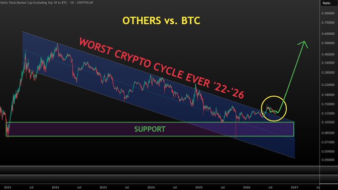 A cryptocurrency chart titled "OTHERS vs. BTC" labeled "WORST CRYPTO CYCLE EVER '22-'26" showing a descending channel pattern with a "SUPPORT" zone and a green arrow indicating potential upward movement.